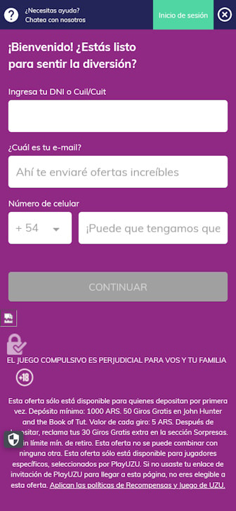 Formulario de registro de PlayUZU con campos para DNI, email y celular