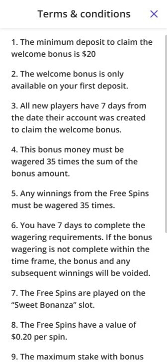 The casino welcome bonus terms of Casino Days for Ontario