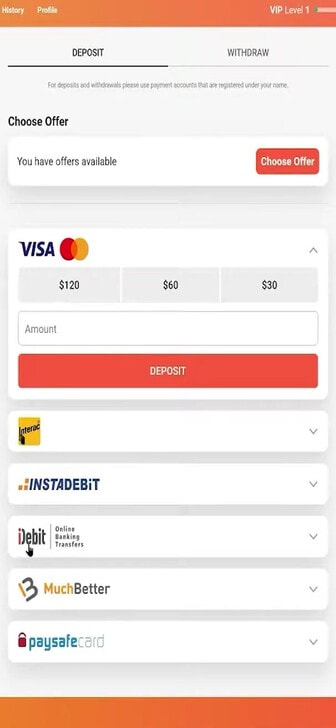 The deposit options at LeoVegas