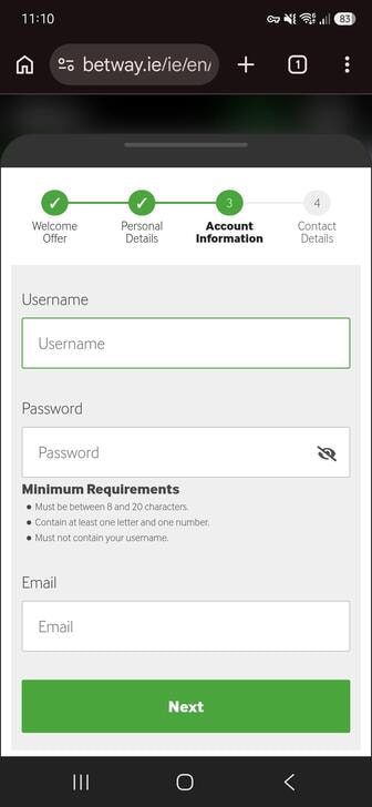 The Account Information step of Betway's registration form