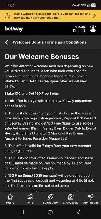 The casino welcome bonus terms at Betway