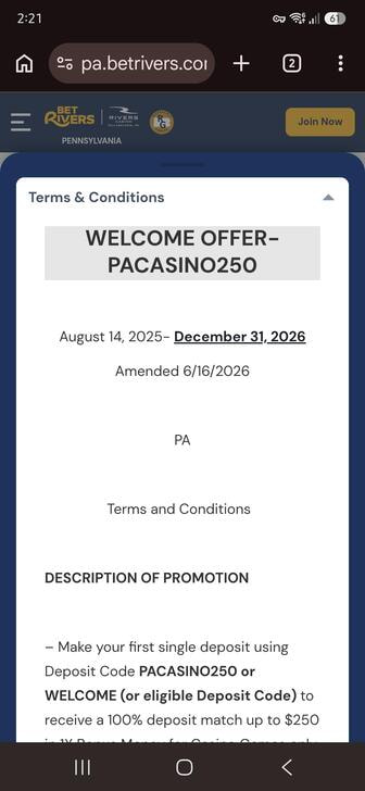 The casino welcome bonus terms of BetRivers for Pennsylvania