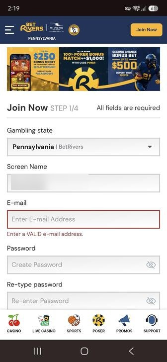 The registration form for BetRivers in Pennsylvania