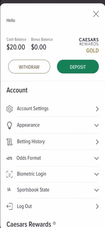 The cash and bonus balances on the Caesars Palace Online Casino cashier page