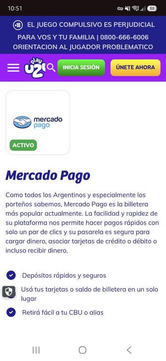 La página del método de pago Mercado Pago en PlayUZU, con su estado y los términos de depósito