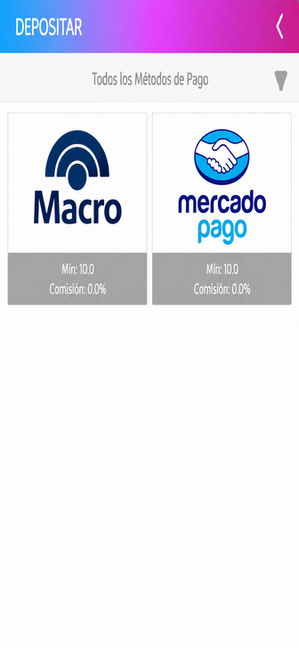 La grilla de métodos de depósito en PlayUZU Argentina