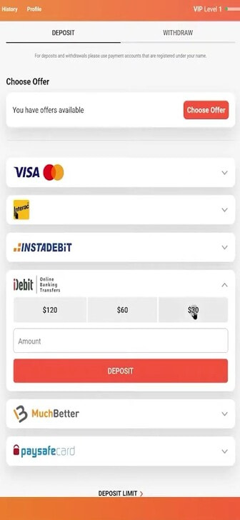 Entering the deposit amount at LeoVegas