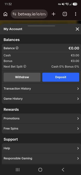 The Betway account hub with a deposit button shown