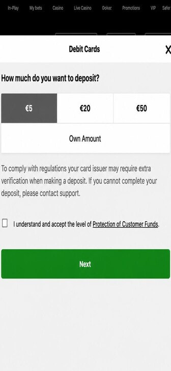 Entering the deposit amount at Betway