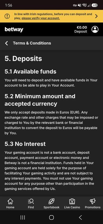 The payment terms of Betway for Ireland