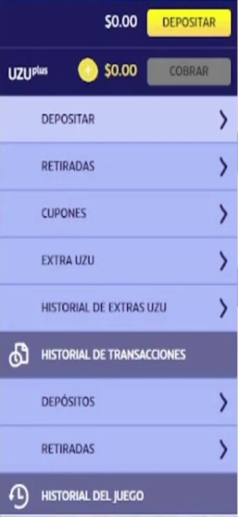 El panel de cuenta de PlayUZU con el saldo y el botón Depositar