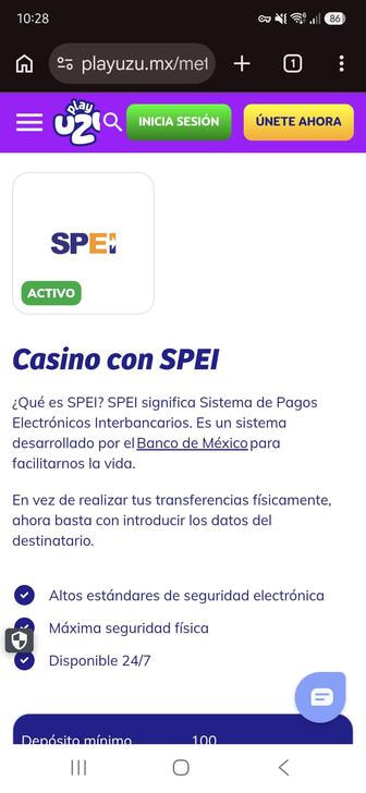 La página del método de pago SPEI en PlayUZU, con su estado y sus términos de depósito