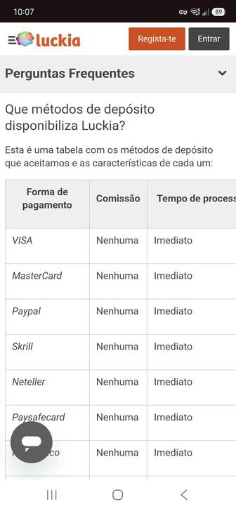 A tabela de métodos de depósito, comissões e prazos de processamento nas perguntas frequentes da Luckia