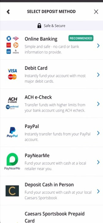 The payment selection menu of Caesars Palace Online Casino