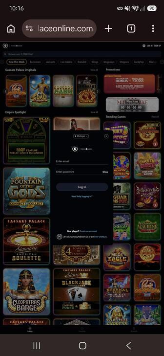 The login page of Caesars Palace Online Casino
