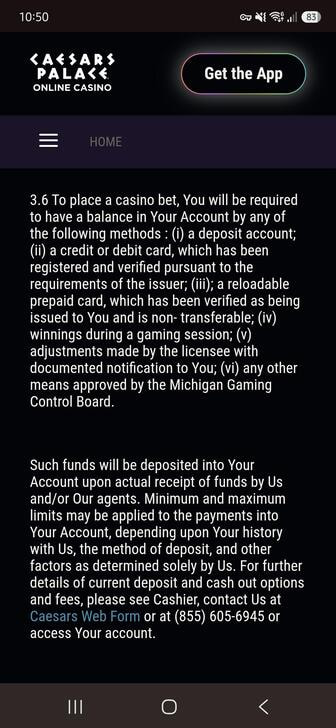 The payment terms of Caesars Palace Online Casino