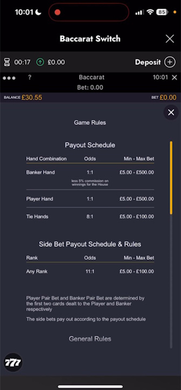 Baccarat Switch Game Rules and Paytable