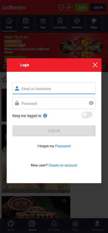 The Login Screen of an Online Casino