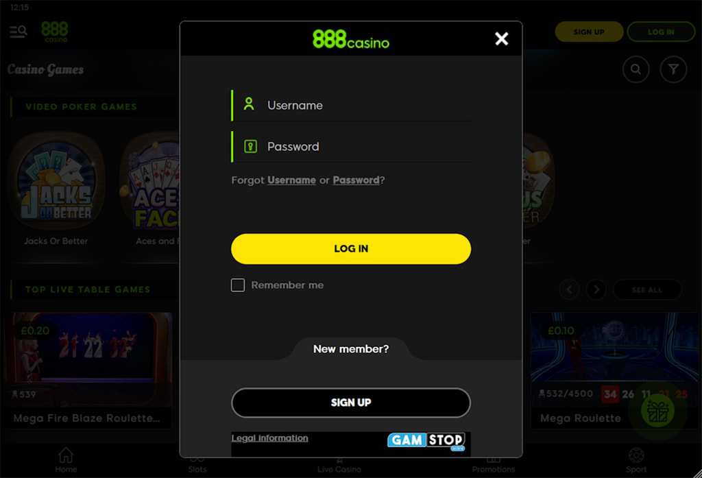 The Login Screen of an Online Casino