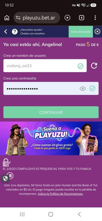 El paso de datos de la cuenta del formulario de registro de PlayUZU