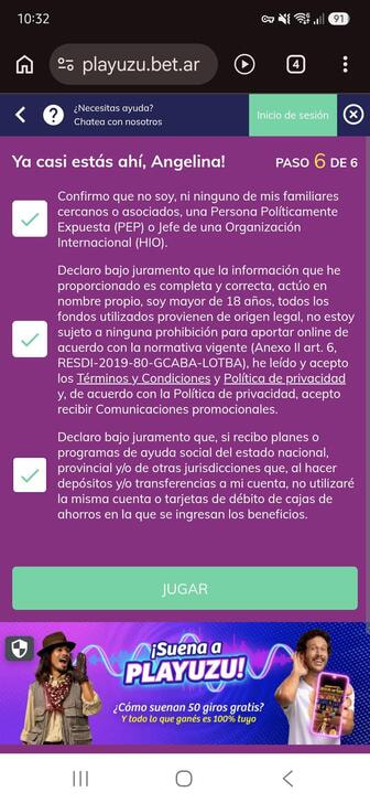 El acuerdo de Términos y Condiciones durante el registro en PlayUZU