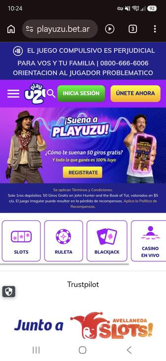 La página principal de PlayUZU en Argentina con el botón de registro arriba