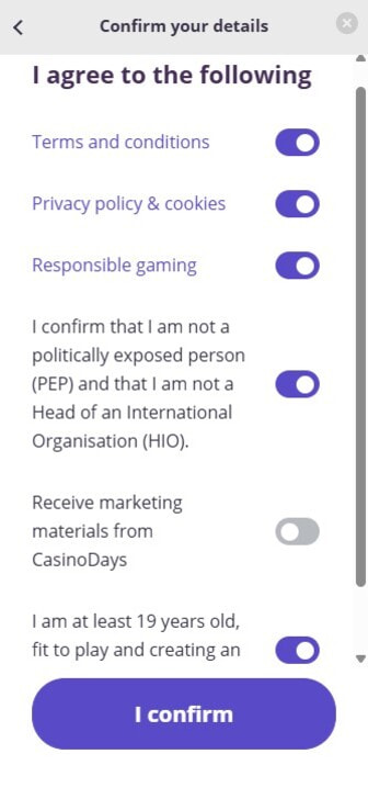 Agreeing to Casino Days' general terms and conditions during registration