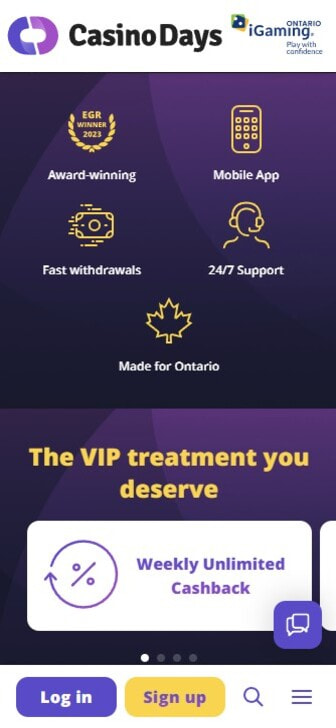 The homepage of Casino Days showing the 'Sign up' button at the bottom