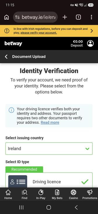 Document upload page for KYC verification at Betway