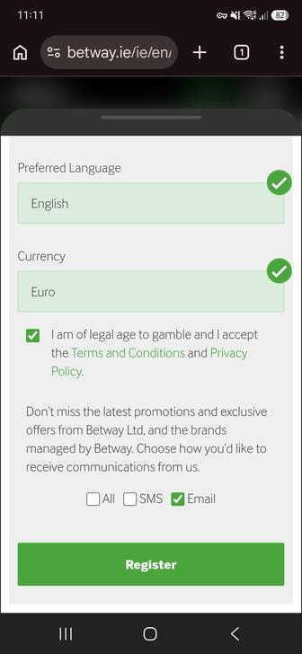 The Terms and Conditions agreement during registration at Betway