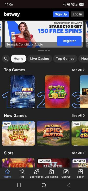 The homepage of Betway showing the 'Sign Up' button at the top