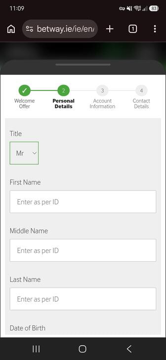 The Personal Details step of Betway's registration form