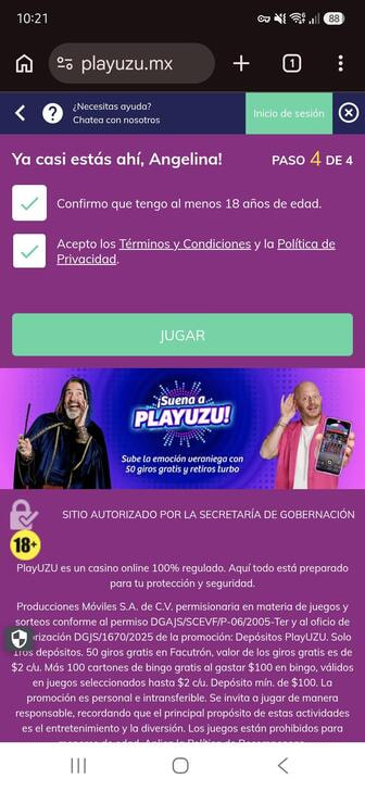 El acuerdo de Términos y Condiciones durante el registro en PlayUZU