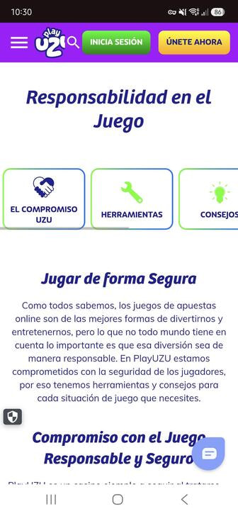 La sección de juego responsable en el sitio de PlayUZU