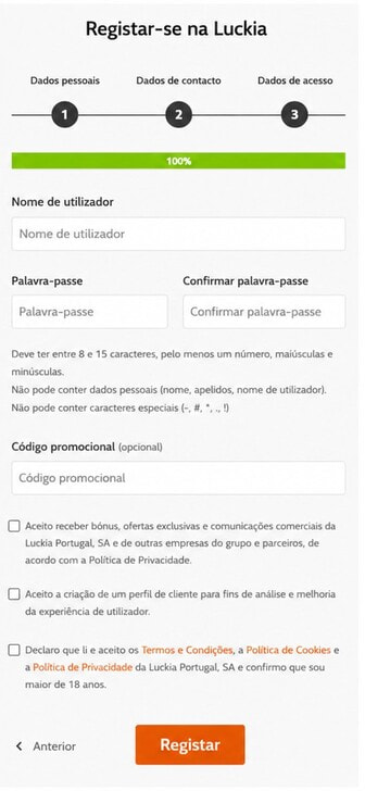 O acordo de Termos e Condições durante o registo na Luckia