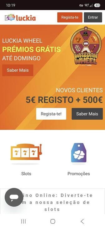 A página inicial da Luckia com o botão de registo no topo