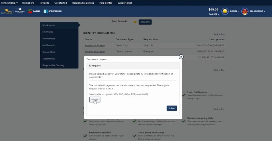 Document upload page for KYC verification at BetRivers
