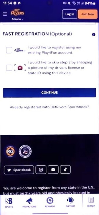 The Fast Registration option at BetRivers