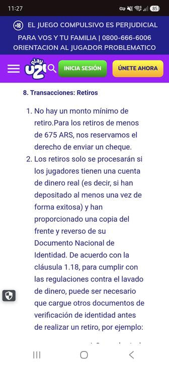La sección de retiros en los términos y condiciones de PlayUZU