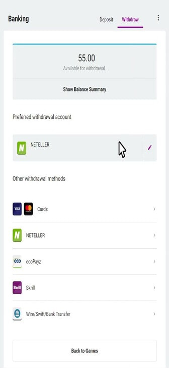 The withdrawal page at JackpotCity