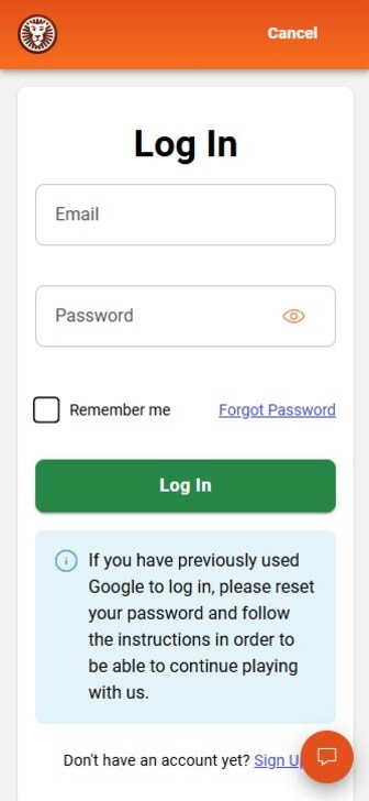 The login page of LeoVegas