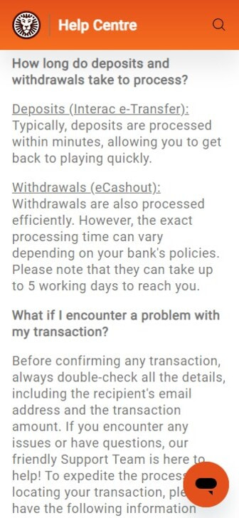 Interac Payment information in LeoVegas' Help Centre