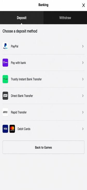 The payment selection menu of Betway in Ireland