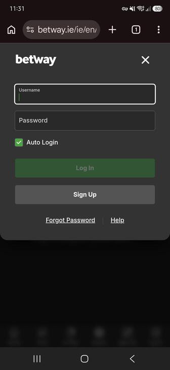 The login page of Betway