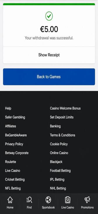 The withdrawal confirmation request at Betway