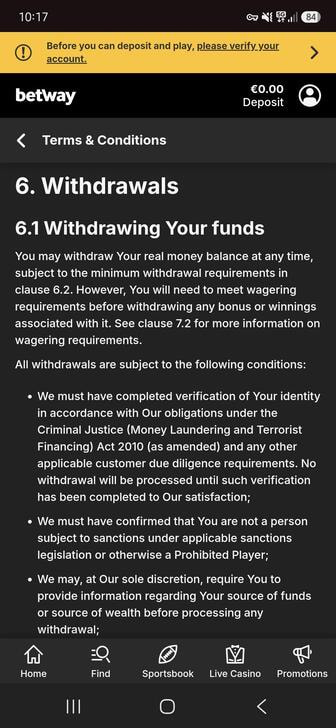 The withdrawal terms at Betway