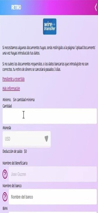 El formulario de retiro por transferencia bancaria en PlayUZU