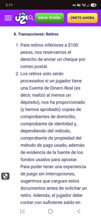 La sección de retiros de los términos y condiciones de PlayUZU