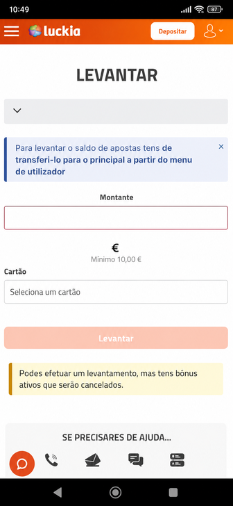 A página de levantamento do casino Luckia