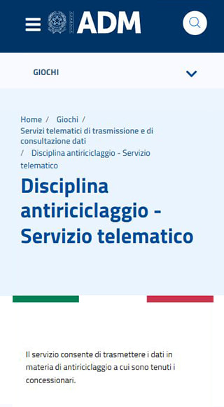 La pagina dei servizi telematici sull’antiriciclaggio di ADM.
